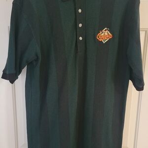 MEN'S ORIOLE POLO SHIRT MEDIUM GREEN & BLACK STRIPPED WITH ORIOLE STITCHED LOGO